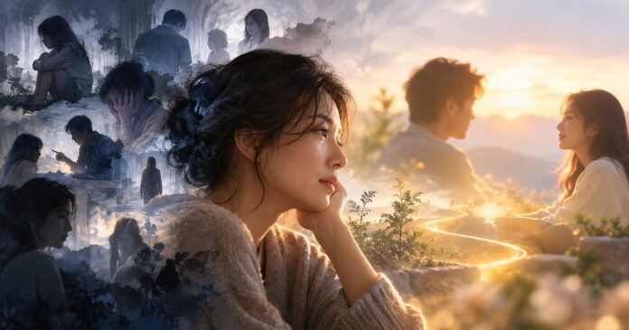 관계 속에서 받은 상처를 통해 과거의 감정을 발견하고 이해하며 사랑으로 수용하는 마음을 표현한 이미지